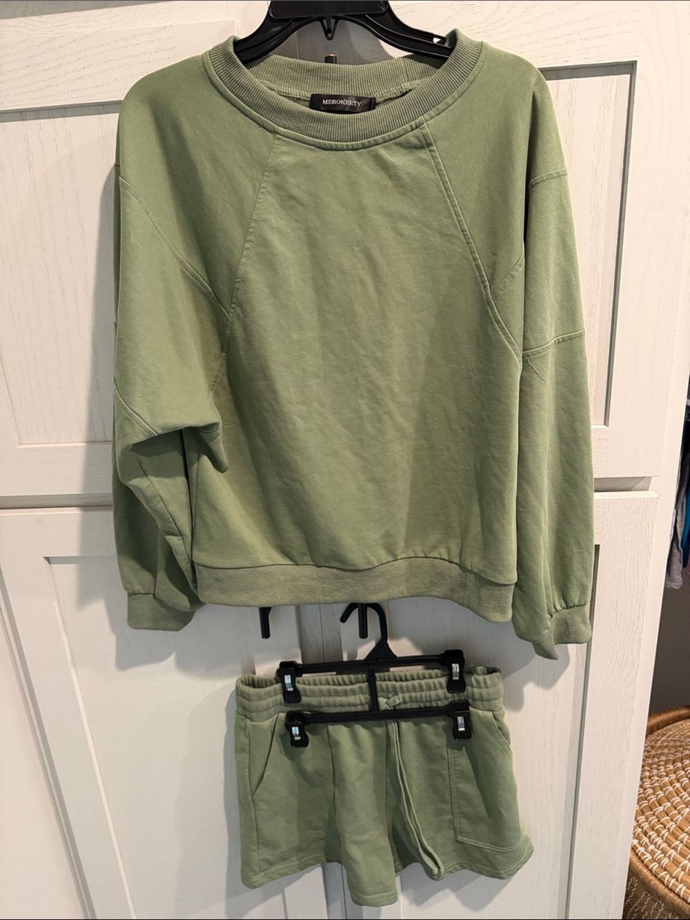 Merokeety Sage Green Women Sweatshirt & Shorts Set